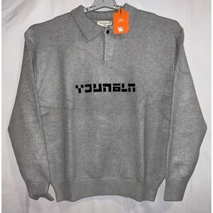 NWT Men's YoungLA 508 Long Sleeve Knit Polo Sweater‎ Gray Heather Medium